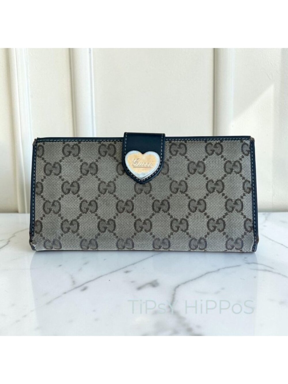 Gucci Brown GG Canvas & Leather Heart Clasp Wallet For Women